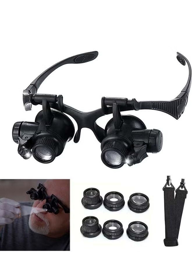 إيليلي عدسة مكبرة مثبتة على الرأس مزودة بمصباح LED بقوة تكبير 10X و15X و20X و25X بدون استخدام اليدين مع عصابة رأس مزودة بضوء للعمل عن قرب والمجوهرات والحرف اليدوية والساعات والهوايات والقراءة - Image 1